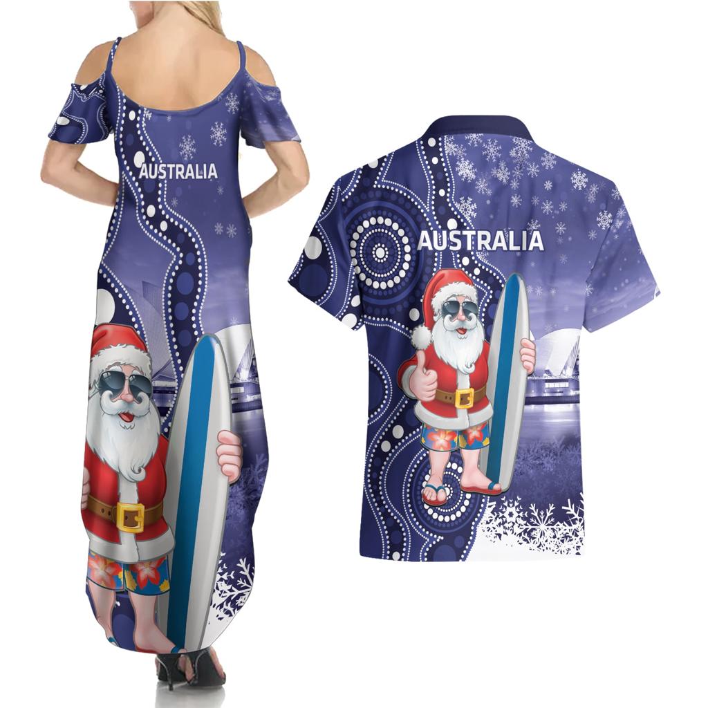 Christmas In July Australia Couples Matching Summer Maxi Dress and Hawaiian Shirt Santa Surfboard Sydney Opera House - Blue