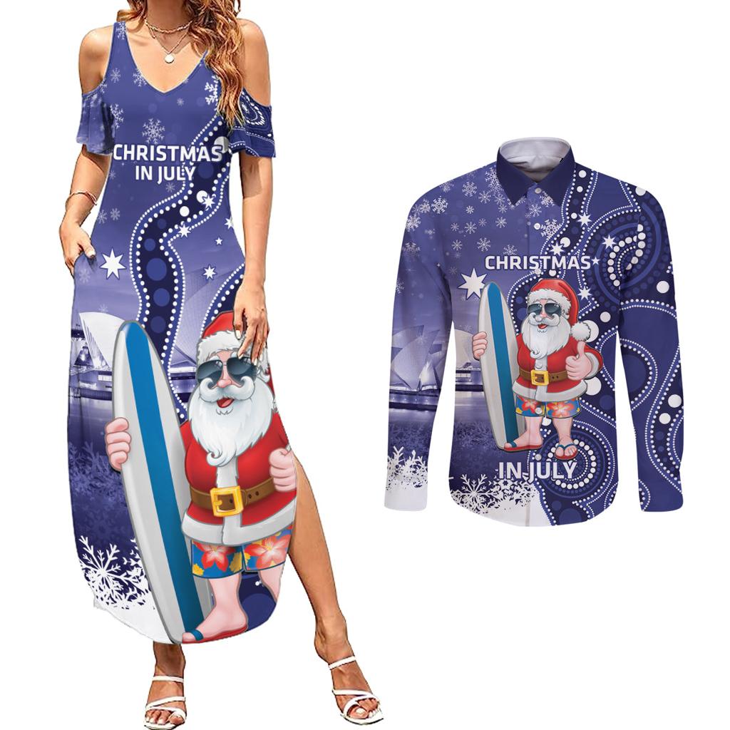 Christmas In July Australia Couples Matching Summer Maxi Dress and Long Sleeve Button Shirt Santa Surfboard Sydney Opera House - Blue