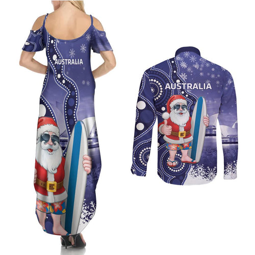 Christmas In July Australia Couples Matching Summer Maxi Dress and Long Sleeve Button Shirt Santa Surfboard Sydney Opera House - Blue