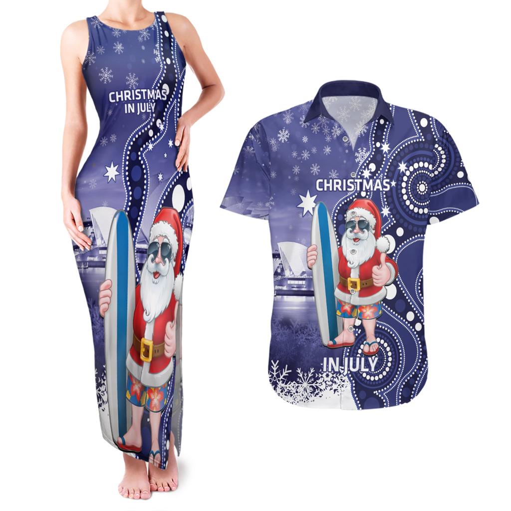 Christmas In July Australia Couples Matching Tank Maxi Dress and Hawaiian Shirt Santa Surfboard Sydney Opera House - Blue