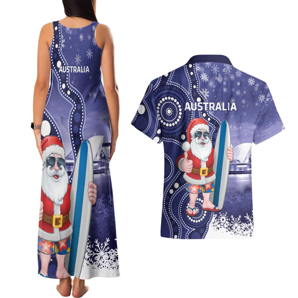 Christmas In July Australia Couples Matching Tank Maxi Dress and Hawaiian Shirt Santa Surfboard Sydney Opera House - Blue