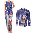 Christmas In July Australia Couples Matching Tank Maxi Dress and Long Sleeve Button Shirt Santa Surfboard Sydney Opera House - Blue