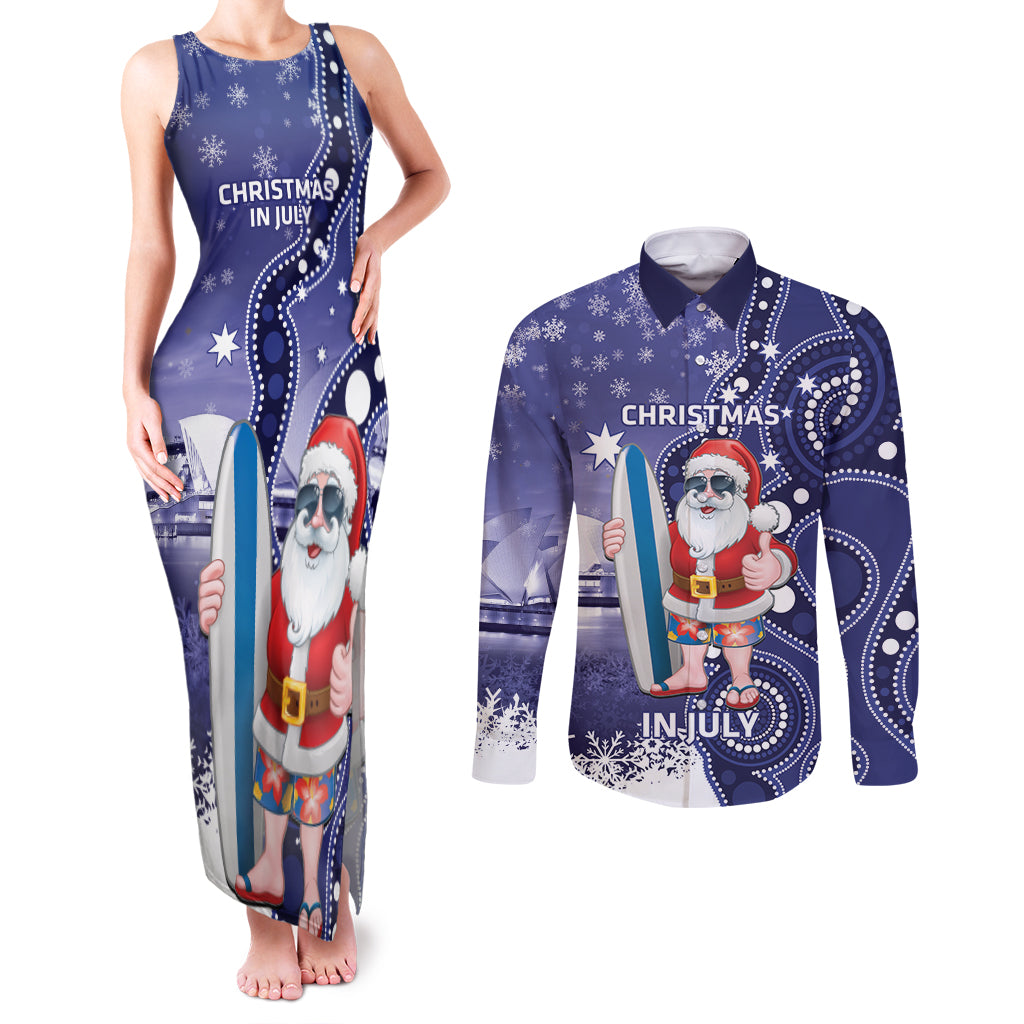 Christmas In July Australia Couples Matching Tank Maxi Dress and Long Sleeve Button Shirt Santa Surfboard Sydney Opera House - Blue