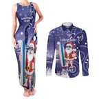 Christmas In July Australia Couples Matching Tank Maxi Dress and Long Sleeve Button Shirt Santa Surfboard Sydney Opera House - Blue