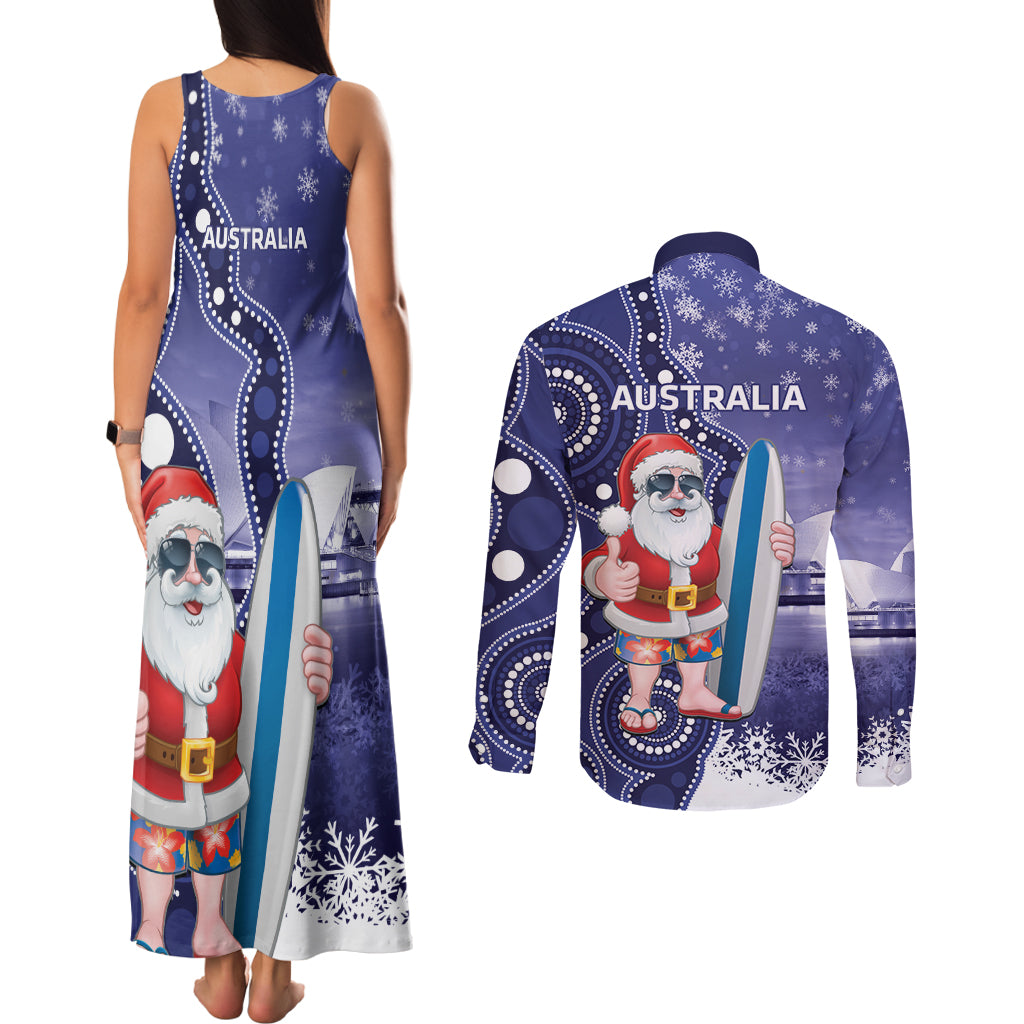 Christmas In July Australia Couples Matching Tank Maxi Dress and Long Sleeve Button Shirt Santa Surfboard Sydney Opera House - Blue