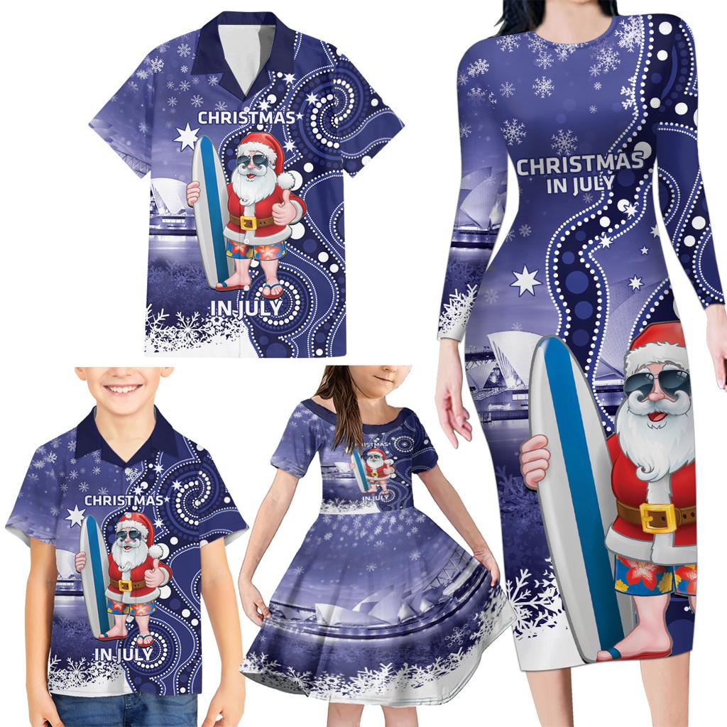 Christmas In July Australia Family Matching Long Sleeve Bodycon Dress and Hawaiian Shirt Santa Surfboard Sydney Opera House - Blue