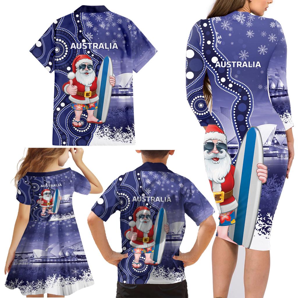 Christmas In July Australia Family Matching Long Sleeve Bodycon Dress and Hawaiian Shirt Santa Surfboard Sydney Opera House - Blue