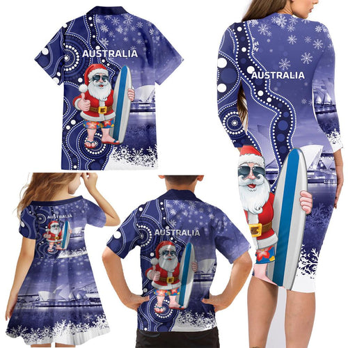 Christmas In July Australia Family Matching Long Sleeve Bodycon Dress and Hawaiian Shirt Santa Surfboard Sydney Opera House - Blue