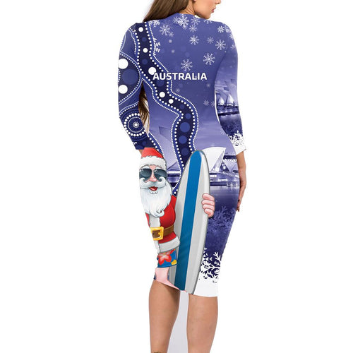 Christmas In July Australia Family Matching Long Sleeve Bodycon Dress and Hawaiian Shirt Santa Surfboard Sydney Opera House - Blue