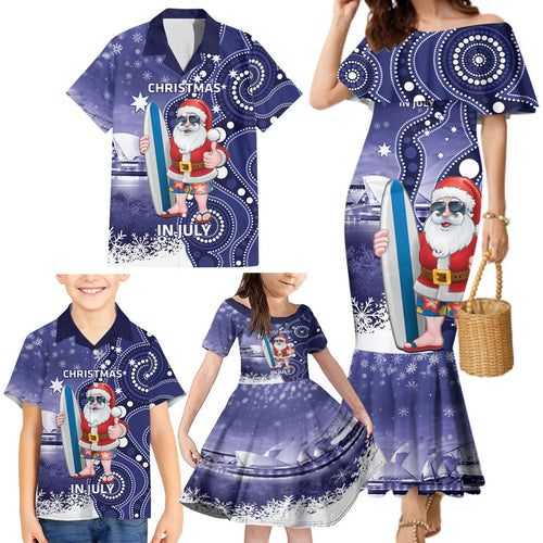 Christmas In July Australia Family Matching Mermaid Dress and Hawaiian Shirt Santa Surfboard Sydney Opera House - Blue