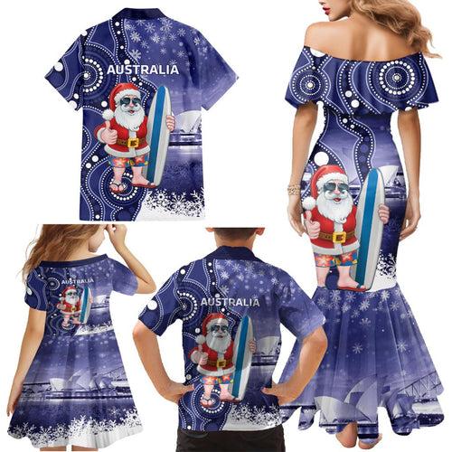 Christmas In July Australia Family Matching Mermaid Dress and Hawaiian Shirt Santa Surfboard Sydney Opera House - Blue