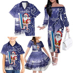 Christmas In July Australia Family Matching Off The Shoulder Long Sleeve Dress and Hawaiian Shirt Santa Surfboard Sydney Opera House - Blue