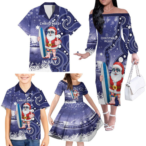 Christmas In July Australia Family Matching Off The Shoulder Long Sleeve Dress and Hawaiian Shirt Santa Surfboard Sydney Opera House - Blue