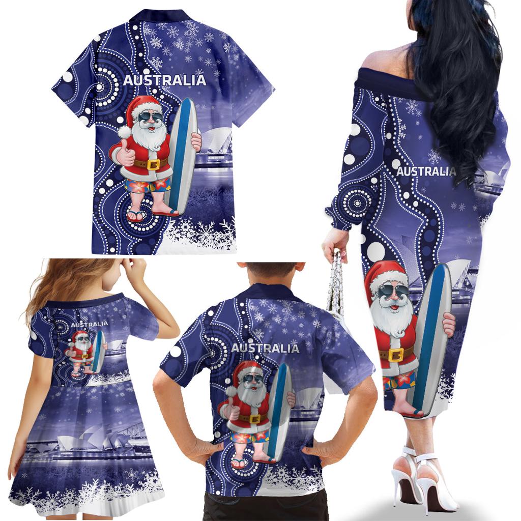 Christmas In July Australia Family Matching Off The Shoulder Long Sleeve Dress and Hawaiian Shirt Santa Surfboard Sydney Opera House - Blue