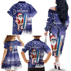 Christmas In July Australia Family Matching Off The Shoulder Long Sleeve Dress and Hawaiian Shirt Santa Surfboard Sydney Opera House - Blue