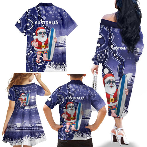 Christmas In July Australia Family Matching Off The Shoulder Long Sleeve Dress and Hawaiian Shirt Santa Surfboard Sydney Opera House - Blue