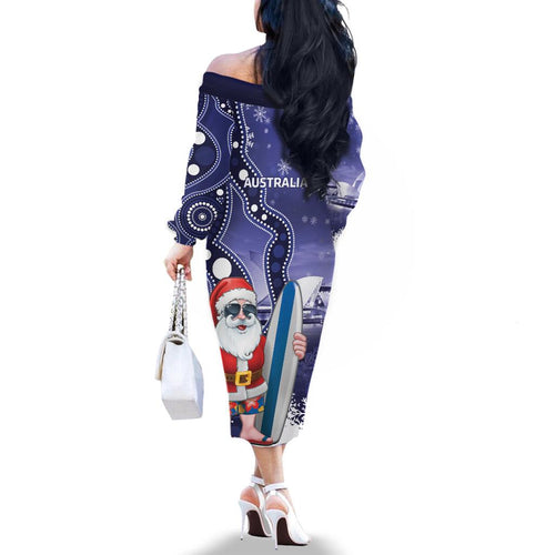 Christmas In July Australia Family Matching Off The Shoulder Long Sleeve Dress and Hawaiian Shirt Santa Surfboard Sydney Opera House - Blue