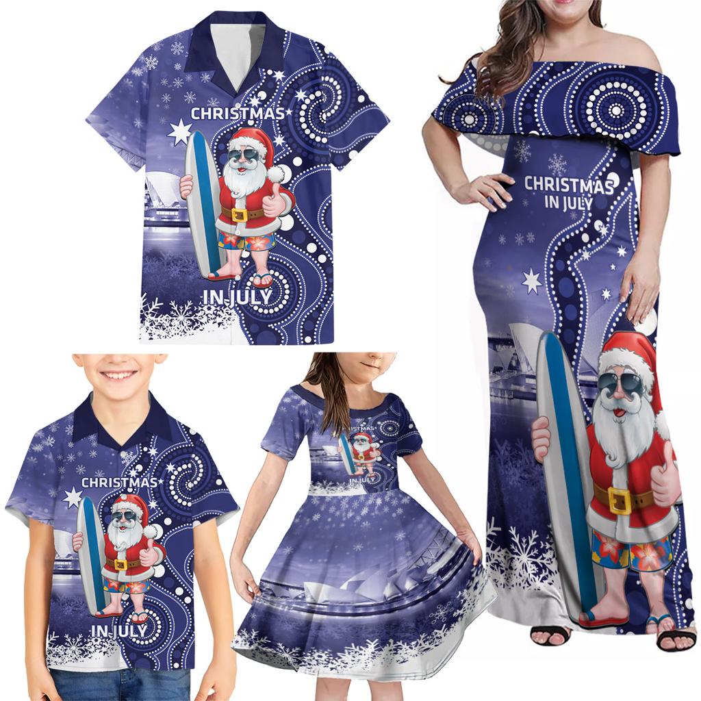 Christmas In July Australia Family Matching Off Shoulder Maxi Dress and Hawaiian Shirt Santa Surfboard Sydney Opera House - Blue