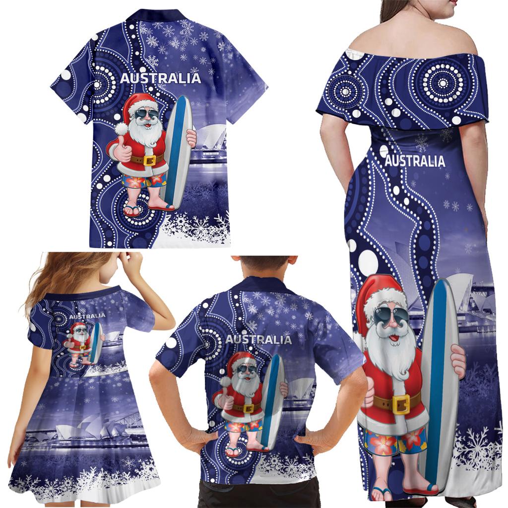Christmas In July Australia Family Matching Off Shoulder Maxi Dress and Hawaiian Shirt Santa Surfboard Sydney Opera House - Blue
