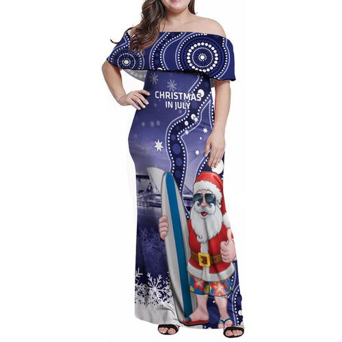 Christmas In July Australia Family Matching Off Shoulder Maxi Dress and Hawaiian Shirt Santa Surfboard Sydney Opera House - Blue
