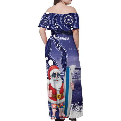 Christmas In July Australia Family Matching Off Shoulder Maxi Dress and Hawaiian Shirt Santa Surfboard Sydney Opera House - Blue