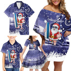 Christmas In July Australia Family Matching Off Shoulder Short Dress and Hawaiian Shirt Santa Surfboard Sydney Opera House - Blue