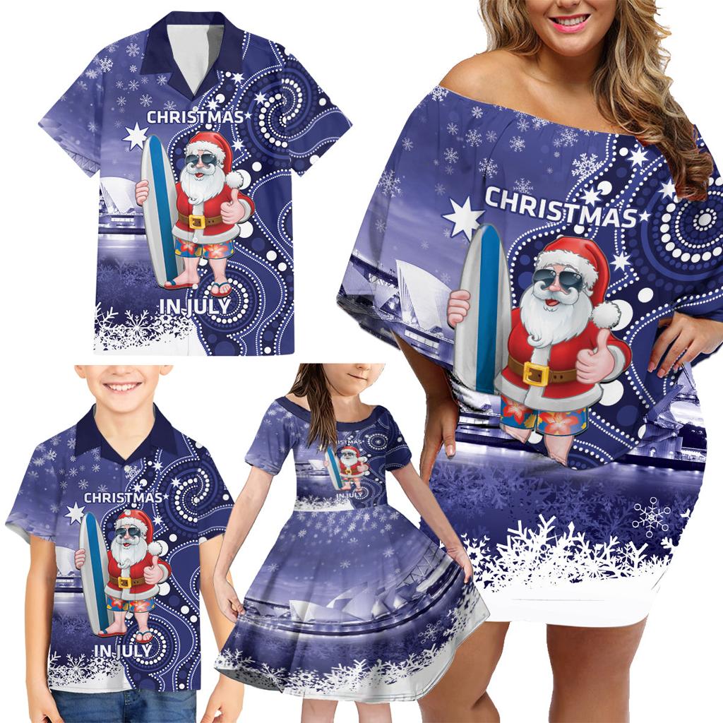 Christmas In July Australia Family Matching Off Shoulder Short Dress and Hawaiian Shirt Santa Surfboard Sydney Opera House - Blue