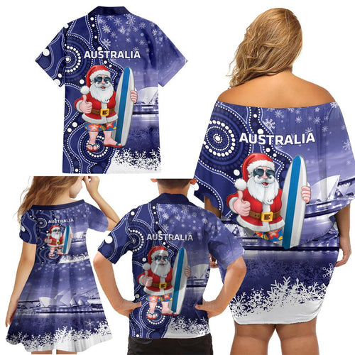 Christmas In July Australia Family Matching Off Shoulder Short Dress and Hawaiian Shirt Santa Surfboard Sydney Opera House - Blue