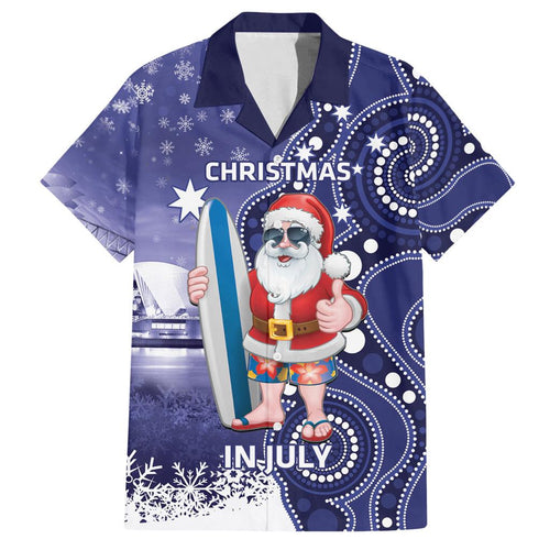 Christmas In July Australia Family Matching Off Shoulder Short Dress and Hawaiian Shirt Santa Surfboard Sydney Opera House - Blue