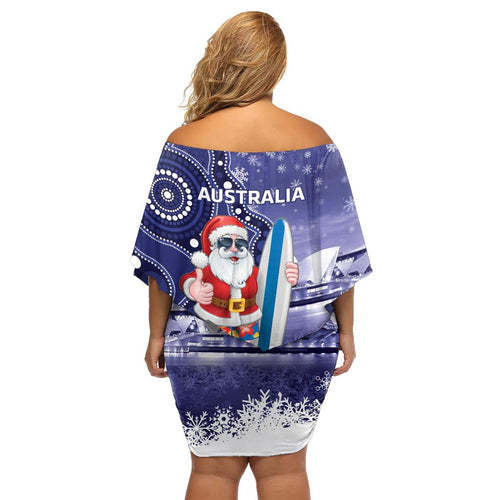 Christmas In July Australia Family Matching Off Shoulder Short Dress and Hawaiian Shirt Santa Surfboard Sydney Opera House - Blue