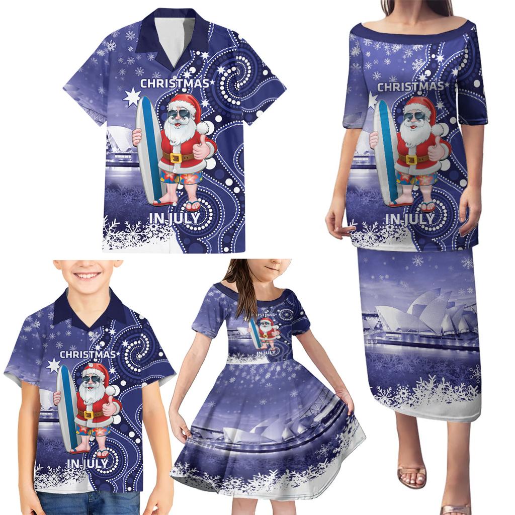 Christmas In July Australia Family Matching Puletasi and Hawaiian Shirt Santa Surfboard Sydney Opera House - Blue