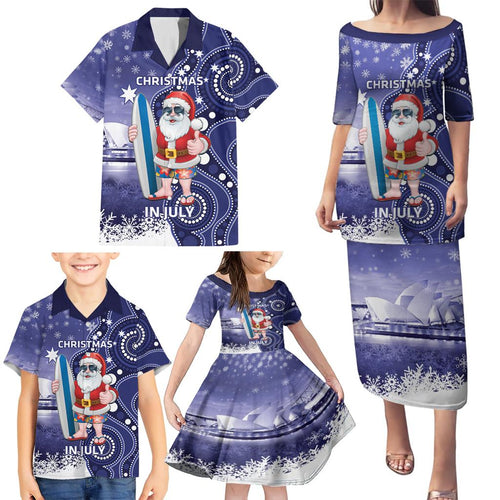 Christmas In July Australia Family Matching Puletasi and Hawaiian Shirt Santa Surfboard Sydney Opera House - Blue