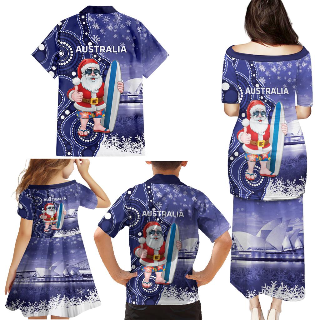 Christmas In July Australia Family Matching Puletasi and Hawaiian Shirt Santa Surfboard Sydney Opera House - Blue