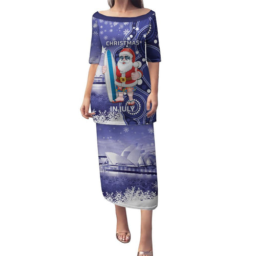 Christmas In July Australia Family Matching Puletasi and Hawaiian Shirt Santa Surfboard Sydney Opera House - Blue