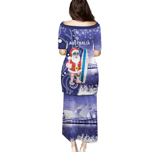 Christmas In July Australia Family Matching Puletasi and Hawaiian Shirt Santa Surfboard Sydney Opera House - Blue