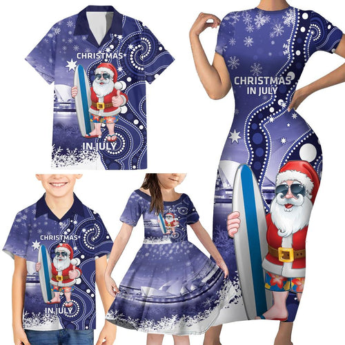 Christmas In July Australia Family Matching Short Sleeve Bodycon Dress and Hawaiian Shirt Santa Surfboard Sydney Opera House - Blue