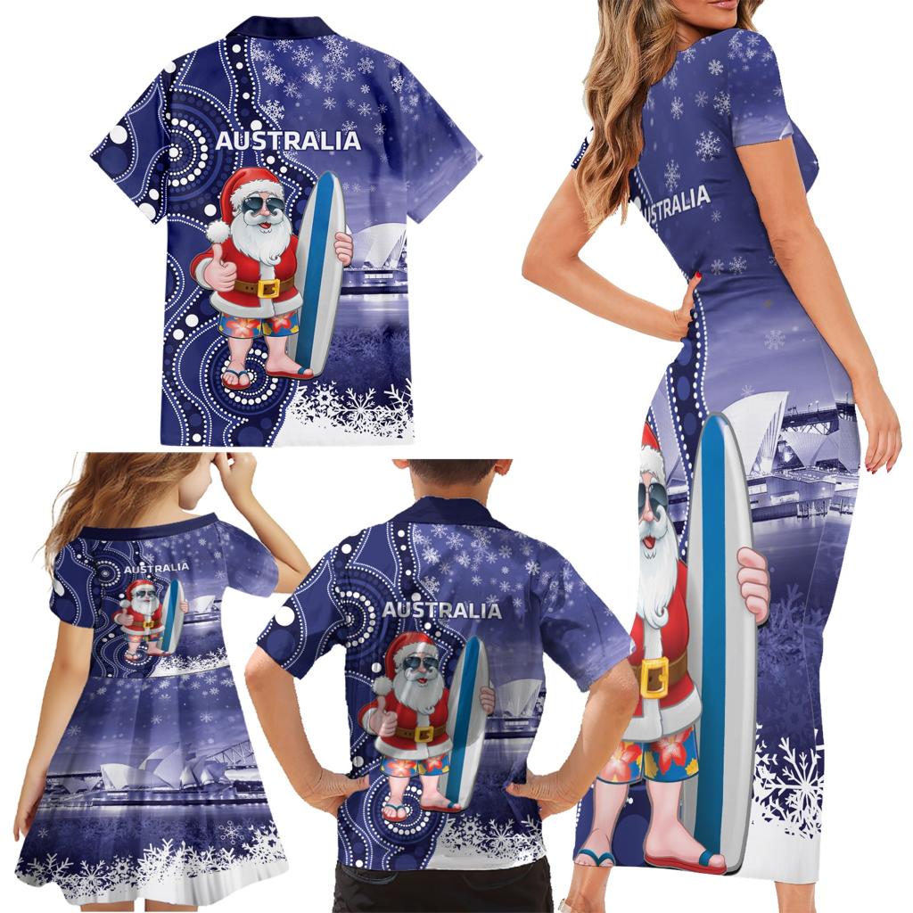 Christmas In July Australia Family Matching Short Sleeve Bodycon Dress and Hawaiian Shirt Santa Surfboard Sydney Opera House - Blue