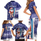 Christmas In July Australia Family Matching Short Sleeve Bodycon Dress and Hawaiian Shirt Santa Surfboard Sydney Opera House - Blue