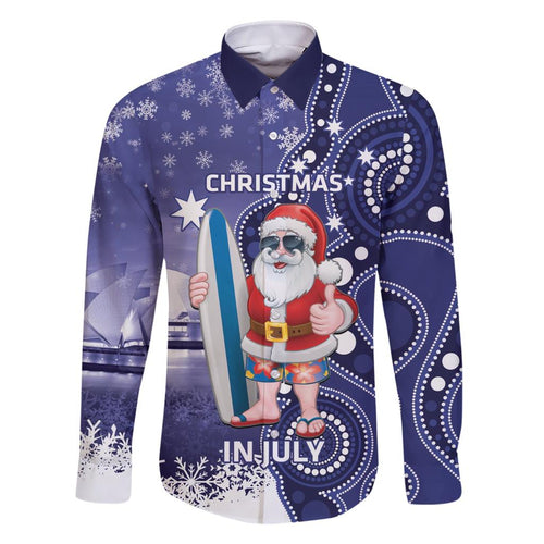 Christmas In July Australia Family Matching Short Sleeve Bodycon Dress and Hawaiian Shirt Santa Surfboard Sydney Opera House - Blue