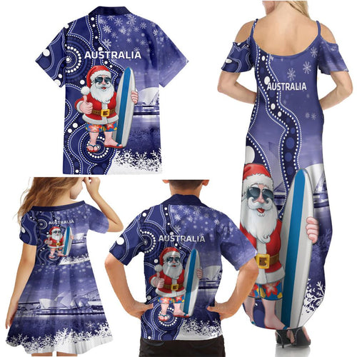 Christmas In July Australia Family Matching Summer Maxi Dress and Hawaiian Shirt Santa Surfboard Sydney Opera House - Blue