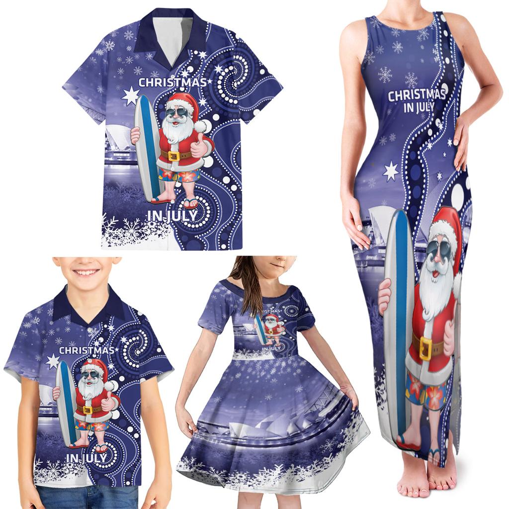 Christmas In July Australia Family Matching Tank Maxi Dress and Hawaiian Shirt Santa Surfboard Sydney Opera House - Blue