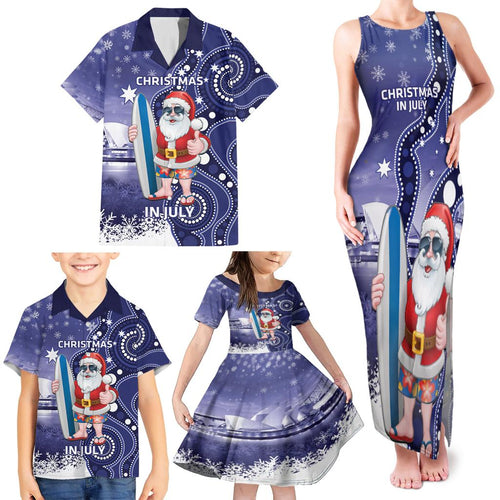 Christmas In July Australia Family Matching Tank Maxi Dress and Hawaiian Shirt Santa Surfboard Sydney Opera House - Blue