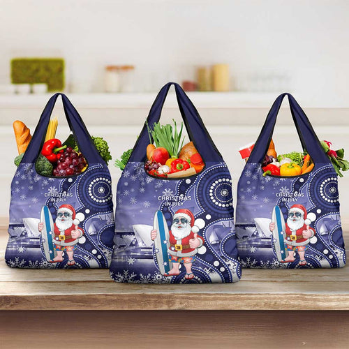 Christmas In July Australia Grocery Bag Santa Surfboard Sydney Opera House - Blue