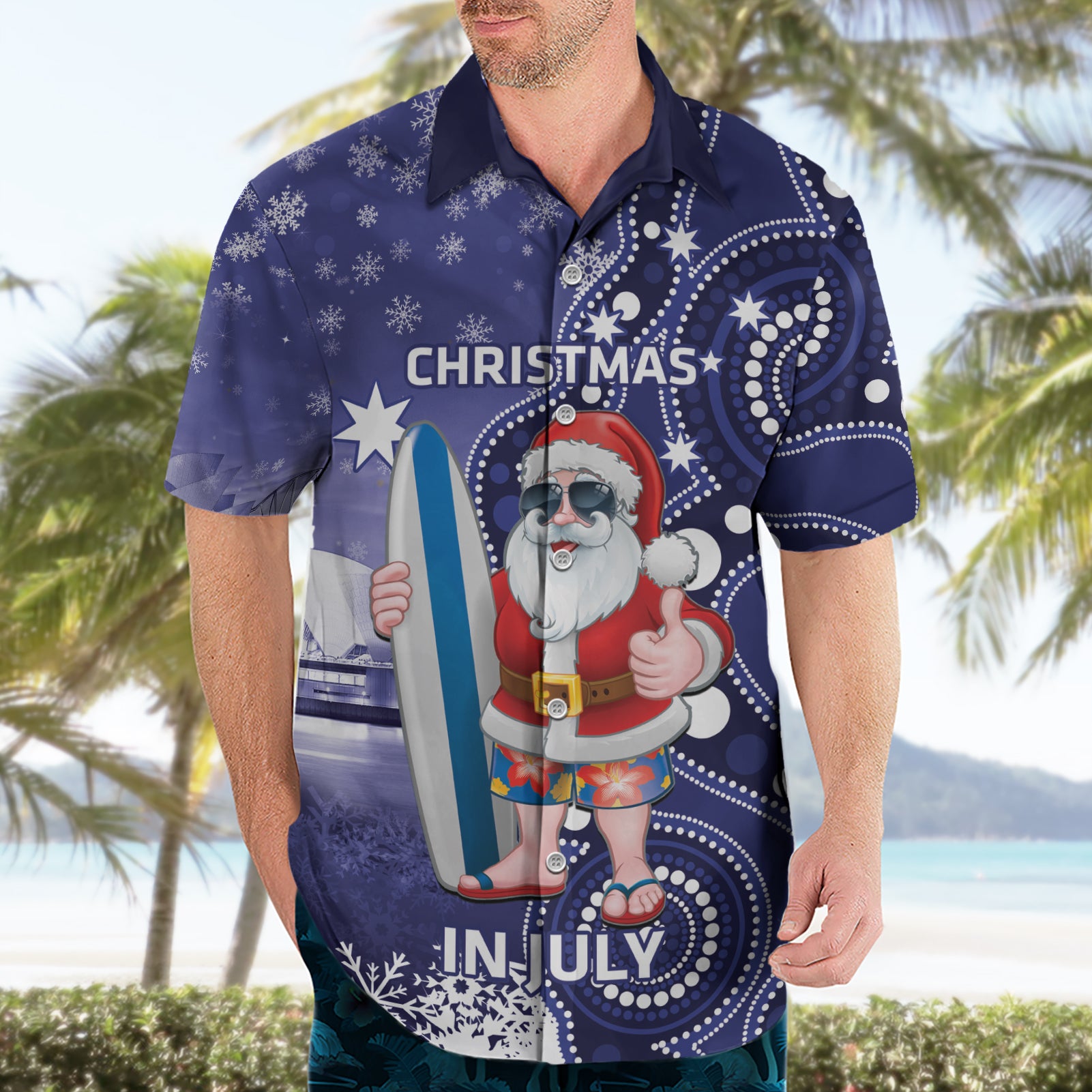 Christmas In July Australia Hawaiian Shirt Santa Surfboard Sydney Opera House - Blue