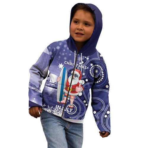 Christmas In July Australia Kid Hoodie Santa Surfboard Sydney Opera House - Blue