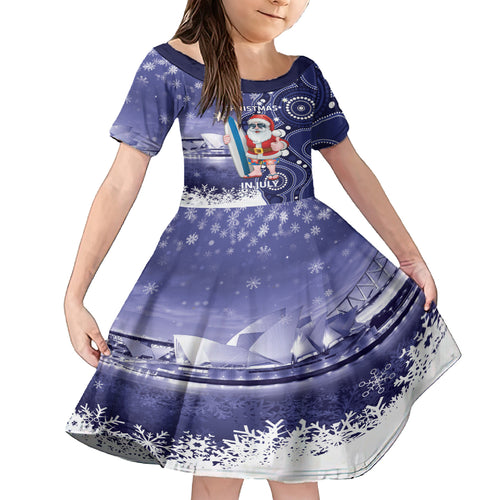 Christmas In July Australia Kid Short Sleeve Dress Santa Surfboard Sydney Opera House - Blue