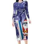 Christmas In July Australia Long Sleeve Bodycon Dress Santa Surfboard Sydney Opera House - Blue