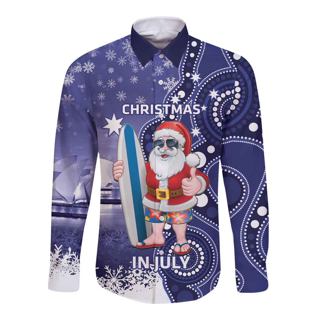 Christmas In July Australia Long Sleeve Button Shirt Santa Surfboard Sydney Opera House - Blue