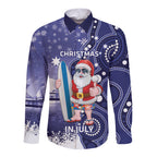 Christmas In July Australia Long Sleeve Button Shirt Santa Surfboard Sydney Opera House - Blue