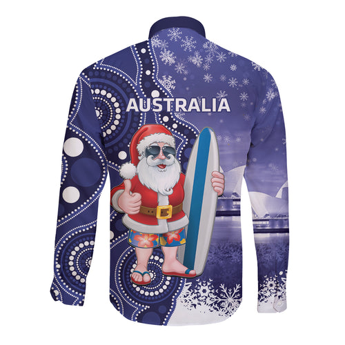 Christmas In July Australia Long Sleeve Button Shirt Santa Surfboard Sydney Opera House - Blue